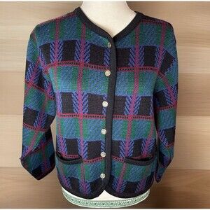 Vintage Cardigan L Tally Ho Plaid‎ Green Black Red Sweater Metal Buttons Pockets